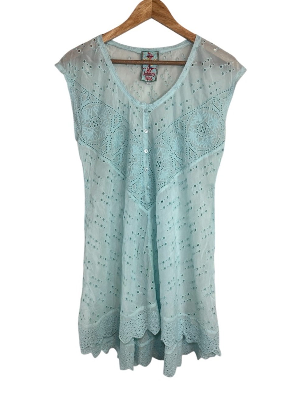 Johnny Was Mint Aqua Boho Chic Artsy Flowy Eyelet Cotton Split-Hem Tunic Sz M